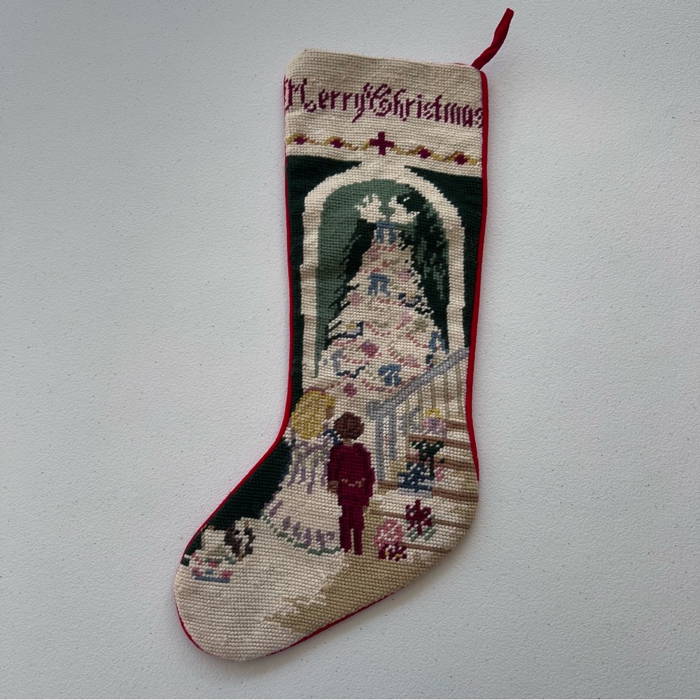 Vintage Wool Needlepoint By Hand “Merry Christmas”Stocking Velvet Holiday